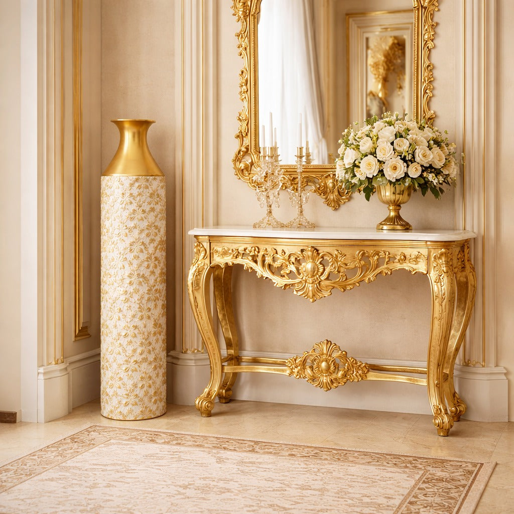 Vaza decorativa de podea 71 cm din metal alb si auriu model floral elegant