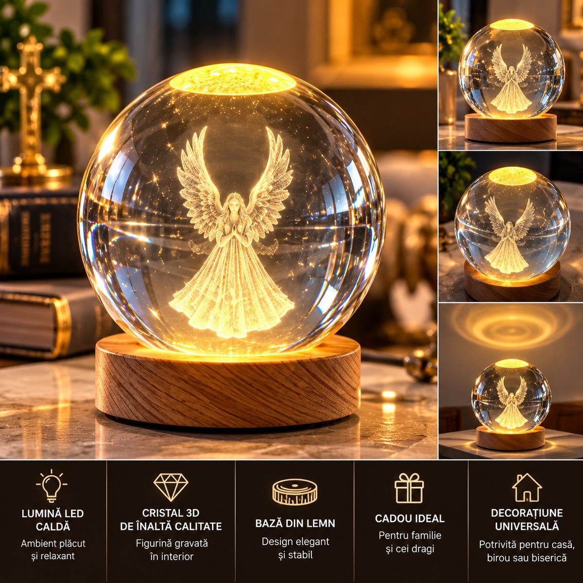 Glob Decorativ Transparent cu Inger Gravat si Suport Luminos Decoratiune Craciun Sticla - detaliu produs