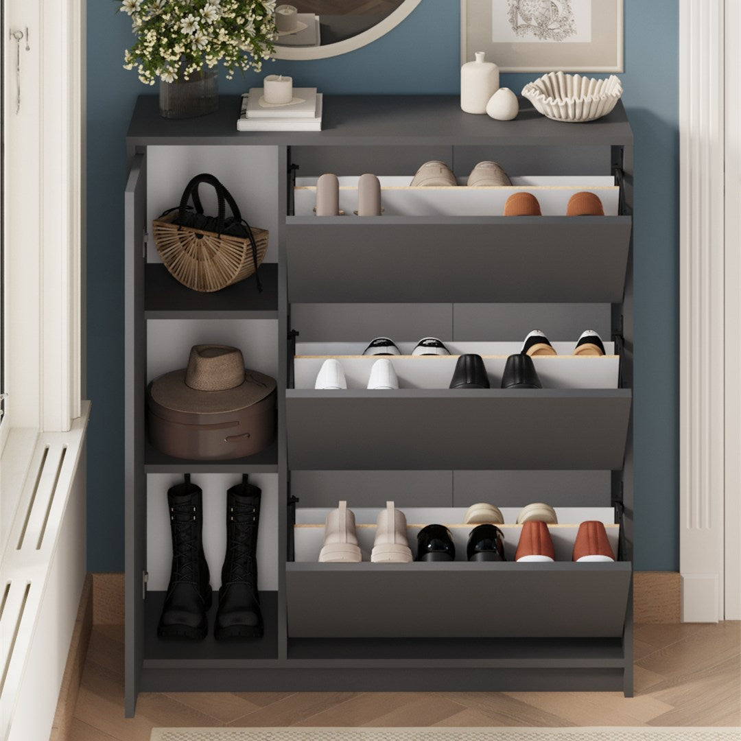 Pantofar Gizem cu usi basculante, dulap pantofi 90 x 100 cm capacitate 12-16 perechi, mobilier hol compact, PAL melaminat 18 mm clasa E1, mecanism flip-down pentru acces rapid, stil modern scandinav Antracit - detaliu 5