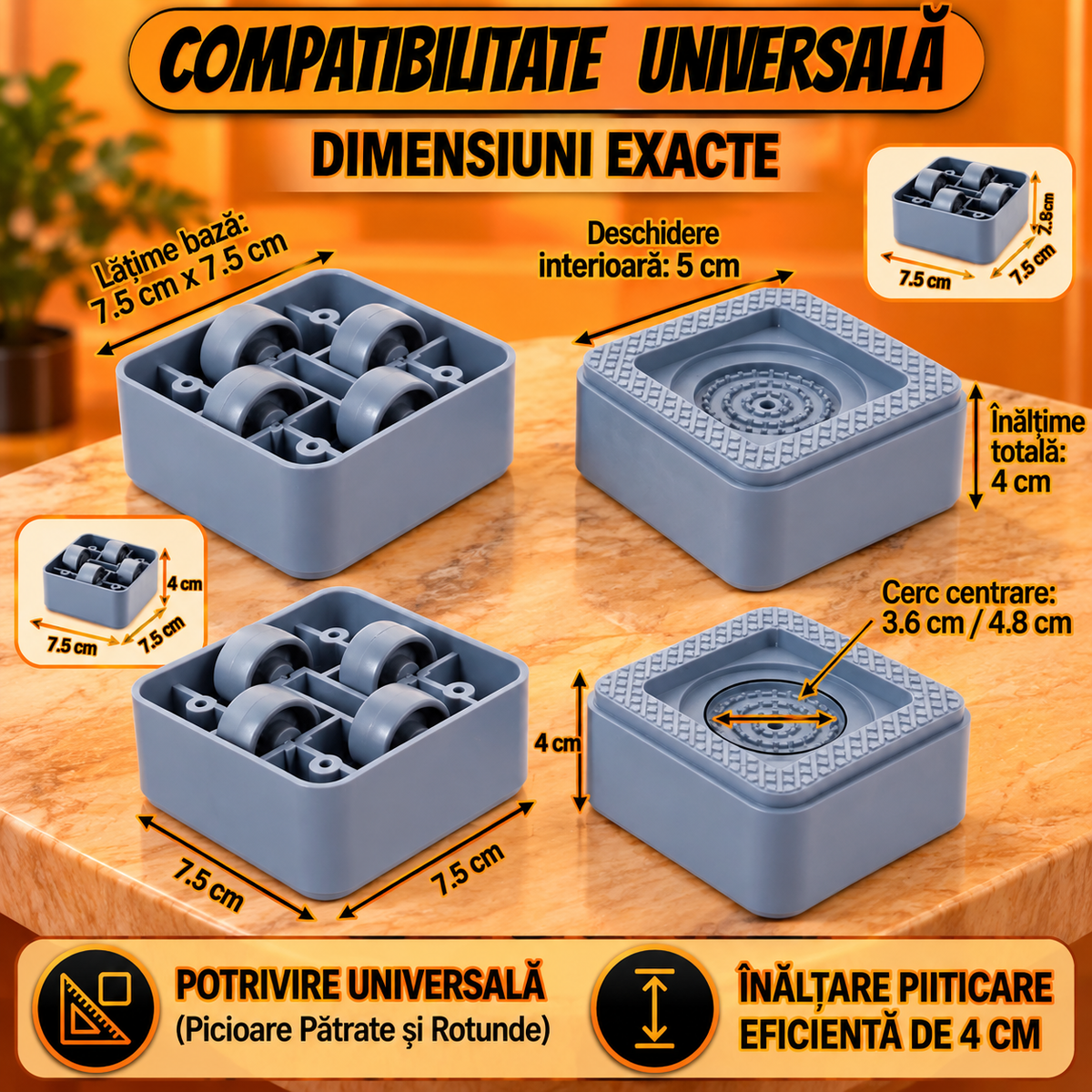 Universal Set 4 Picioare Inaltatoare Antiderapante cu Roti Integrate pentru Masina de Spalat Frigider Mobilier 7.5x4 cm Albastru - detaliu produs
