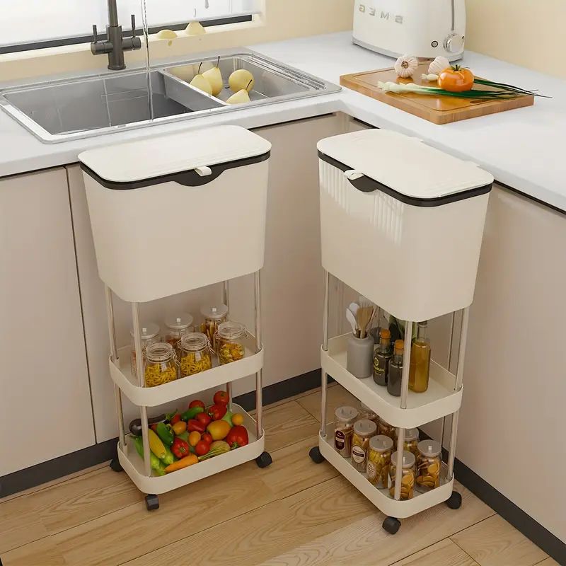 Carucior multifunctional cu cos de gunoi, 3 niveluri cu roti 360°, 78.5 x 24 x 17 cm