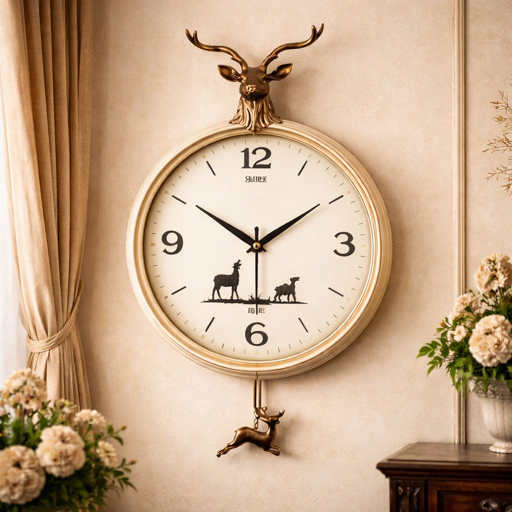 Ceas de perete decorativ cu pendul – model cerb elegant – 65 cm