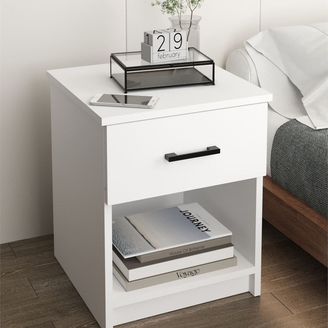 Noptiera cu sertar clasica, noptiera dormitor 40 x 45 cm, 1 sertar + 1 raft deschis, PAL melaminat 18 mm clasa E1 rezistent, design curat asamblare rapida 15 minute, stil modern minimalist scandinav Alb - detaliu 2