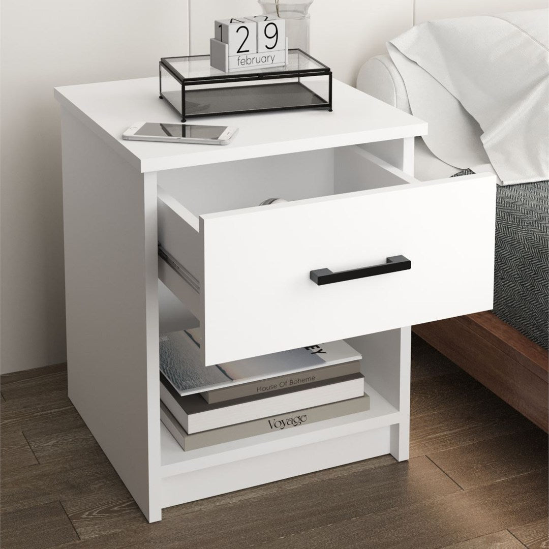 Noptiera cu sertar clasica, noptiera dormitor 40 x 45 cm, 1 sertar + 1 raft deschis, PAL melaminat 18 mm clasa E1 rezistent, design curat asamblare rapida 15 minute, stil modern minimalist scandinav Alb - detaliu 3