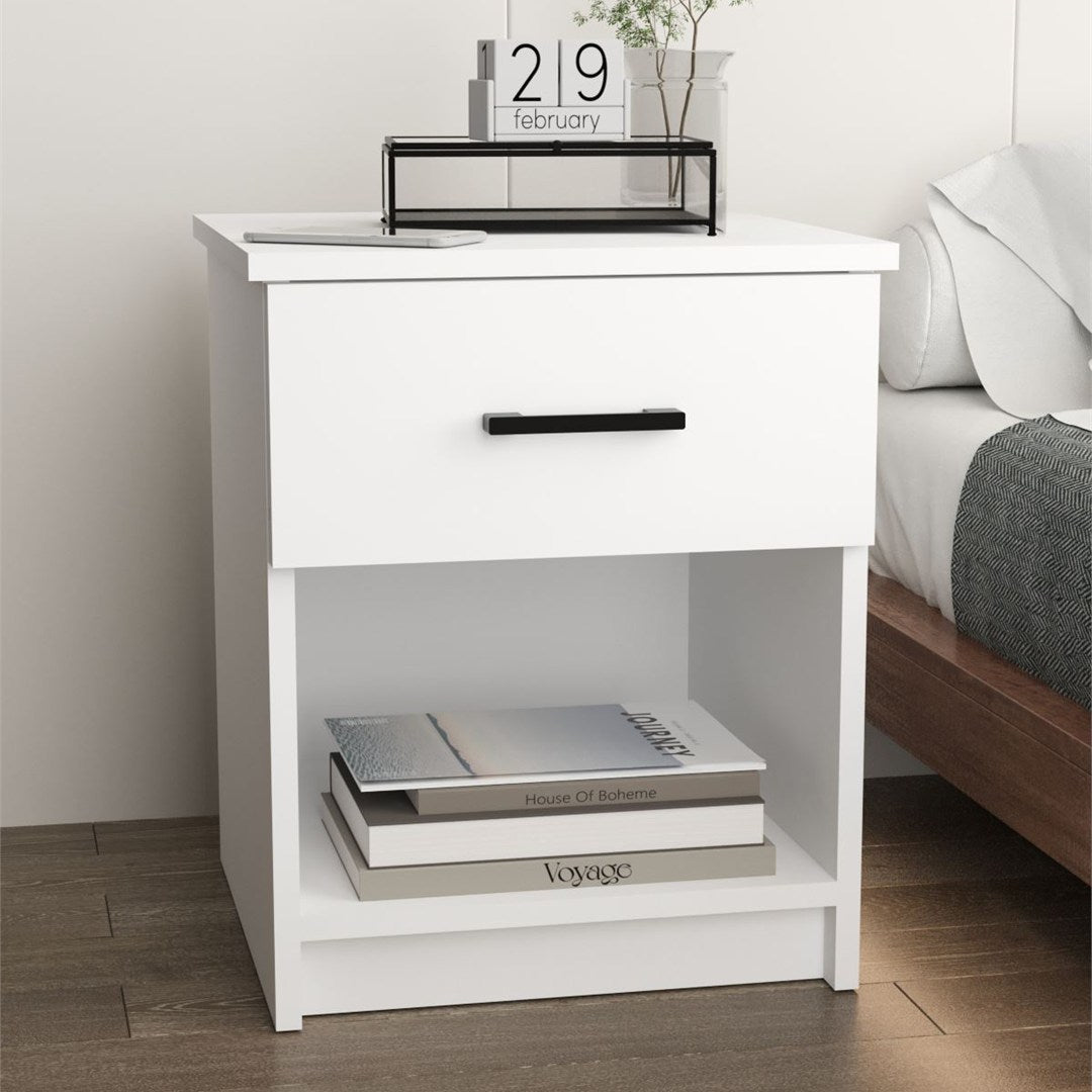 Noptiera cu sertar clasica, noptiera dormitor 40 x 45 cm, 1 sertar + 1 raft deschis, PAL melaminat 18 mm clasa E1 rezistent, design curat asamblare rapida 15 minute, stil modern minimalist scandinav Alb - detaliu 4