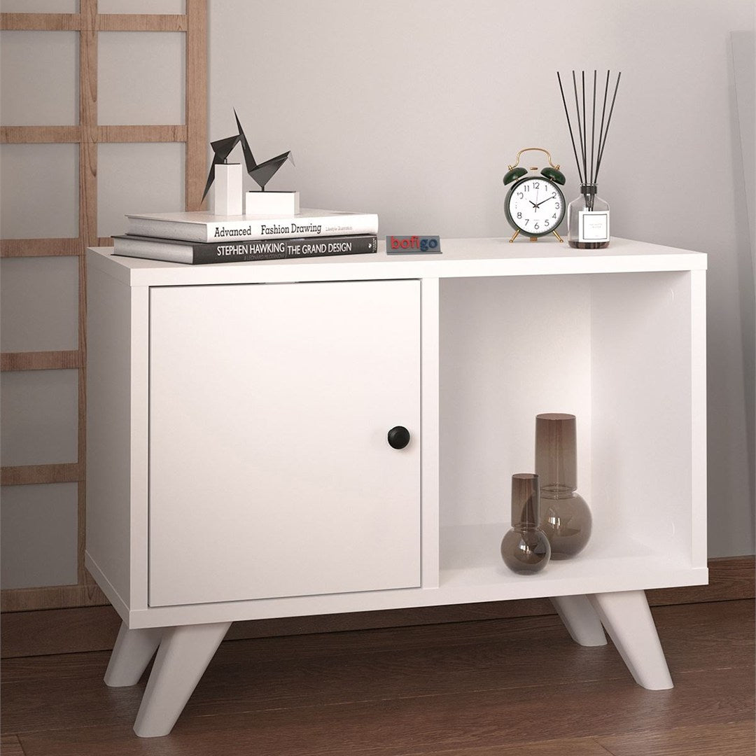 Noptiera Mikonos cu sertar, noptiera dormitor 40 x 55 cm design modern cu picioare inaltate, sertar cu mecanism silentios soft-close, PAL melaminat 18 mm clasa E1, montaj rapid, stil scandinav modern Alb - vedere principala