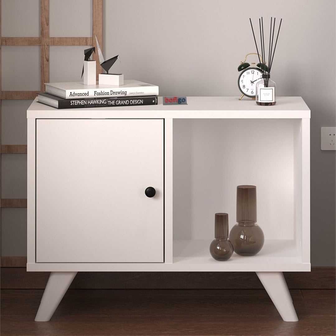 Noptiera Mikonos cu sertar, noptiera dormitor 40 x 55 cm design modern cu picioare inaltate, sertar cu mecanism silentios soft-close, PAL melaminat 18 mm clasa E1, montaj rapid, stil scandinav modern Alb - detaliu 2