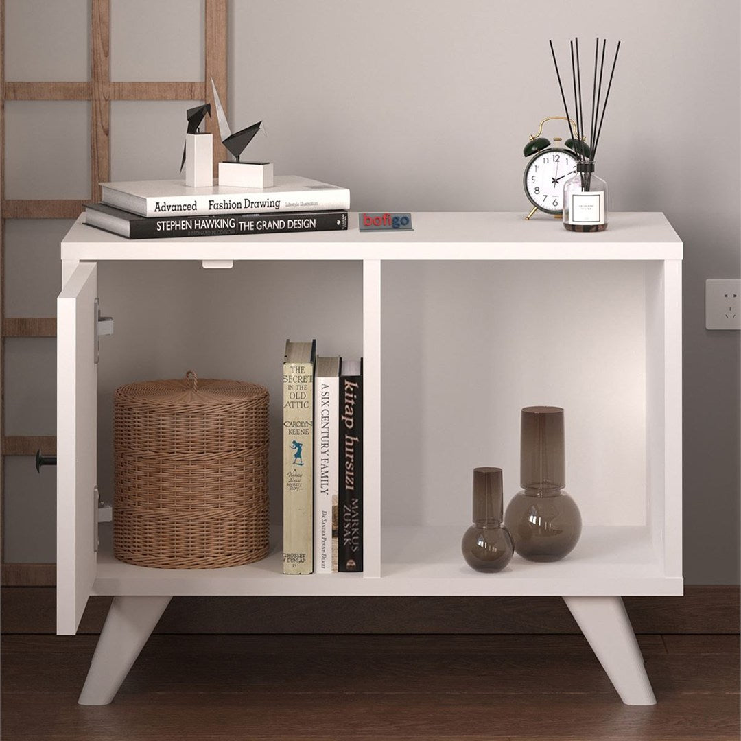 Noptiera Mikonos cu sertar, noptiera dormitor 40 x 55 cm design modern cu picioare inaltate, sertar cu mecanism silentios soft-close, PAL melaminat 18 mm clasa E1, montaj rapid, stil scandinav modern Alb - detaliu 3