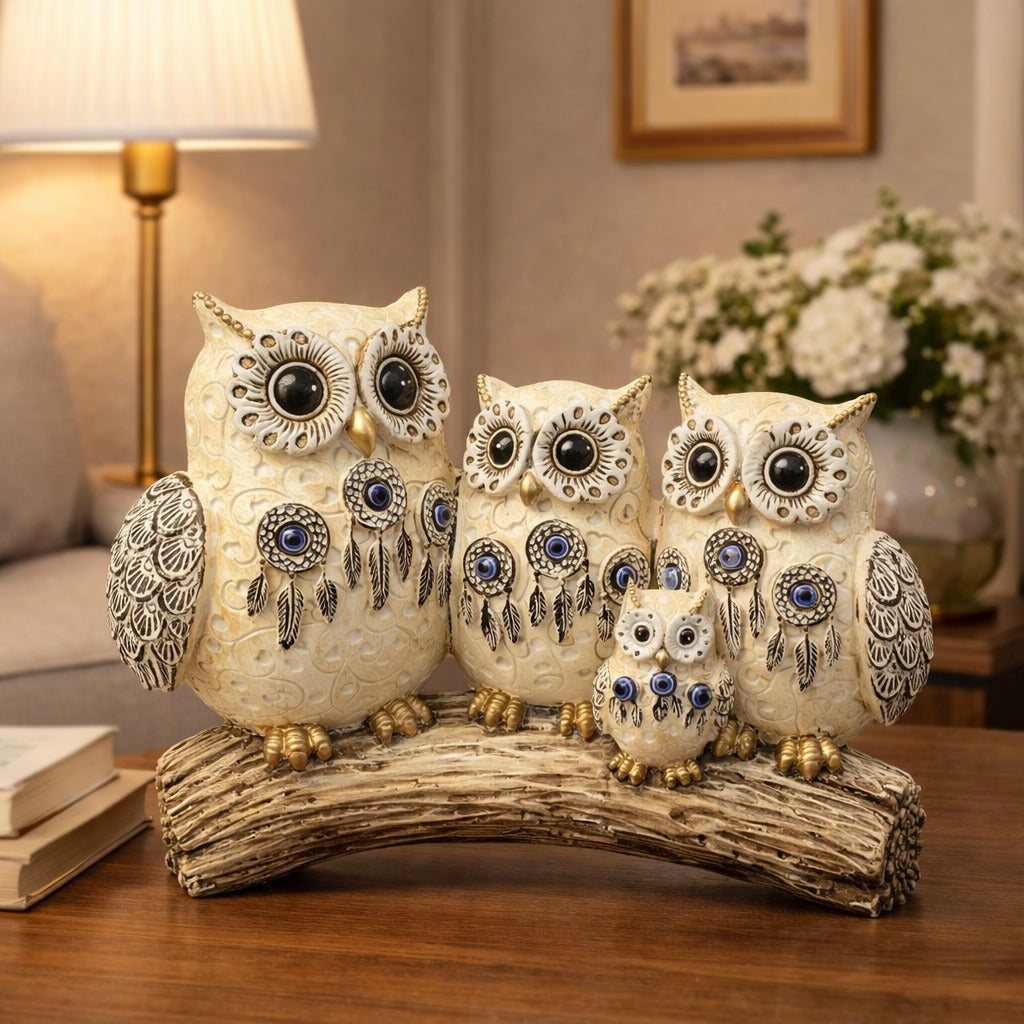 Set decorativ Bufnite Familie pe suport tip ramura – 18.6 x 14.5 cm