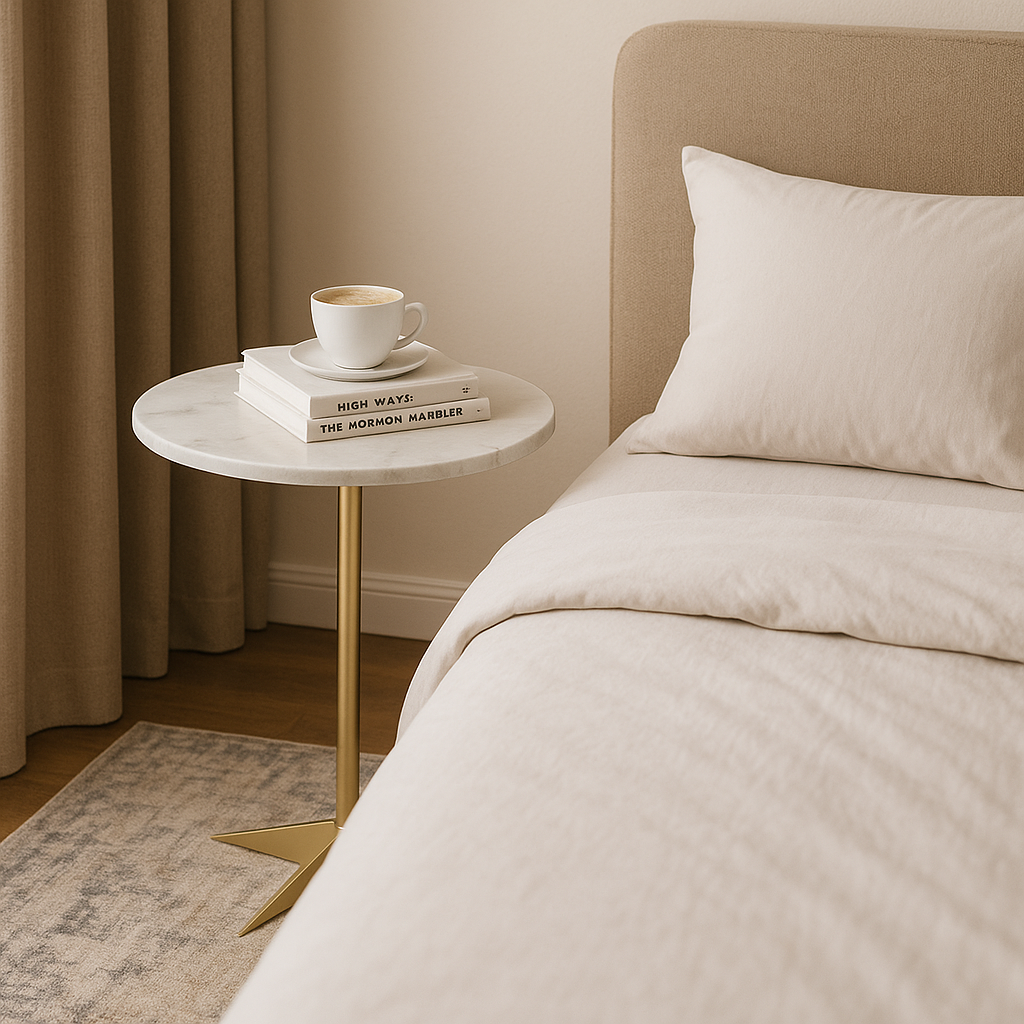 Masuta rotunda moderna cu blat tip marmura si picior metalic stabil 40 x 50 cm