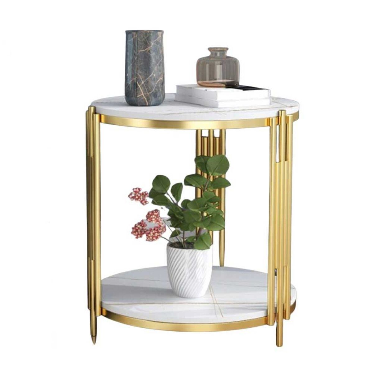 RESIGILAT - Masuta rotunda pe 2 nivele, blat tip piatra, cadru metalic auriu, design elegant, 60x30 cm