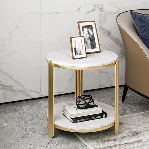 RESIGILAT - Masuta rotunda pe 2 nivele, blat tip piatra, cadru metalic auriu, design elegant, 60x30 cm