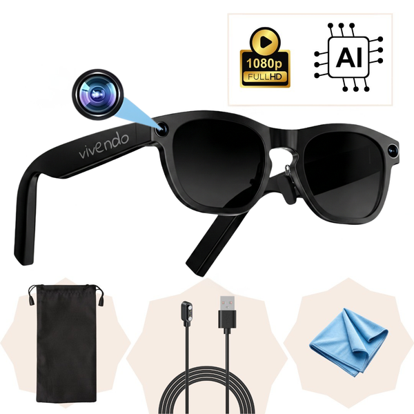 Ochelari Smart VIVENDO SMART GLASSES, Camera 1080P Full HD, AI Integrat, Apeluri Bluetooth, Control Tactil, Streaming Muzica, Wi-Fi 2.4G, Microfoane Duale, Negru