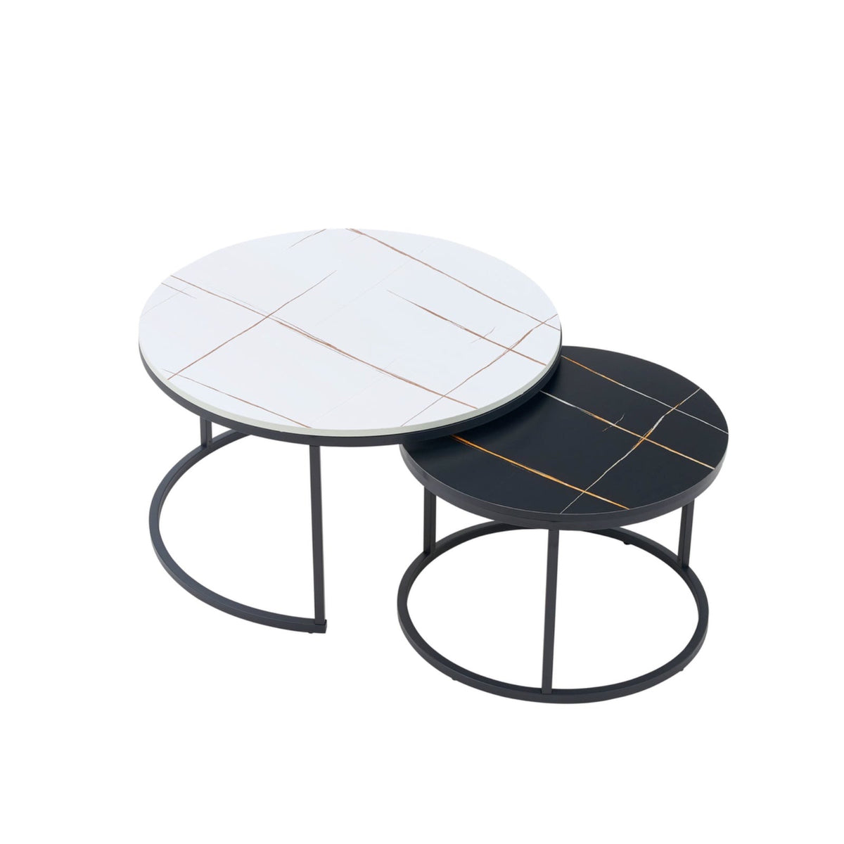 Set 2 masute rotunde de cafea cu efect de marmura, diametru 70/50 cm, blat MDF, cadru metalic