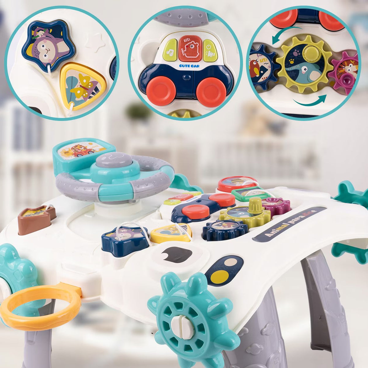 Antemergator 6 in 1  pentru Copii, cu Activitati Montessori de joaca si roti anti-alunecare,