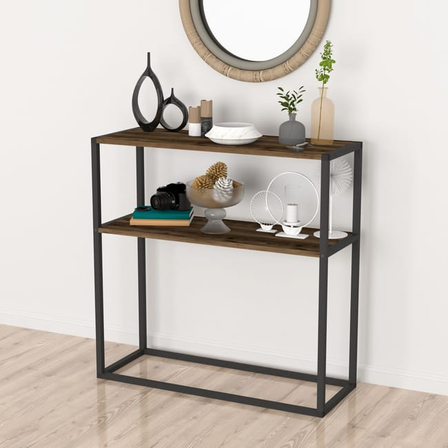 Masă consola decorativa cu 2 rafturi, 90x90x33,5 cm, efect stejar și cadru metalic