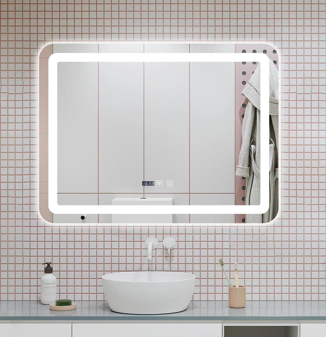Oglinda LED pentru baie 60x80 cm, sistem Dezaburire, Senzor Touch, Ceas, Trei Tipuri de Lumina
