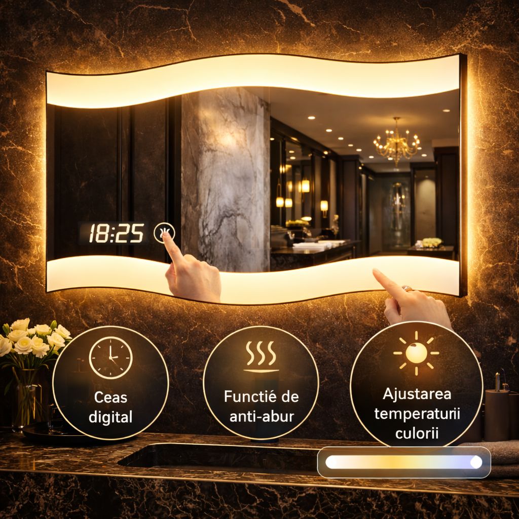 Oglinda LED 60 x 80 cm cu Design Ondulat, Ceas si Dezaburire