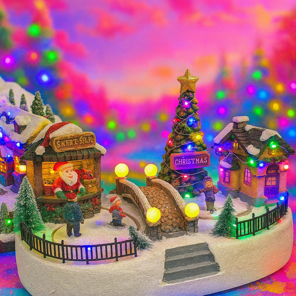 Decoratiune Muzicala de Craciun cu Luminare LED –Model Sat de Iarna cu Pod, Casute si Stand Mos Craciun
