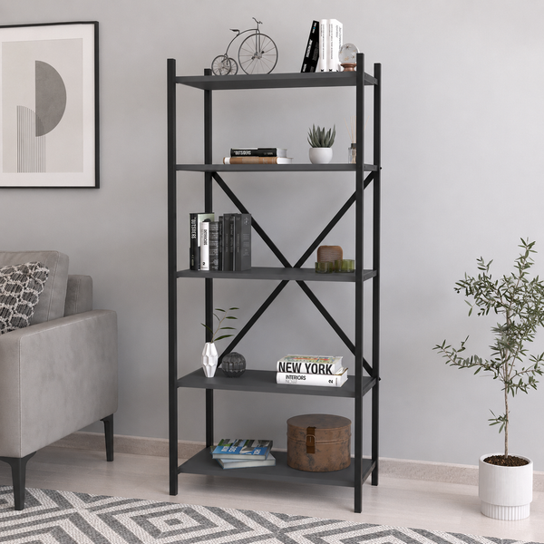 Biblioteca decorativa din PAL si metal 63x29,5x145,6 cm, cu 5 rafturi, pentru carti si accesorii