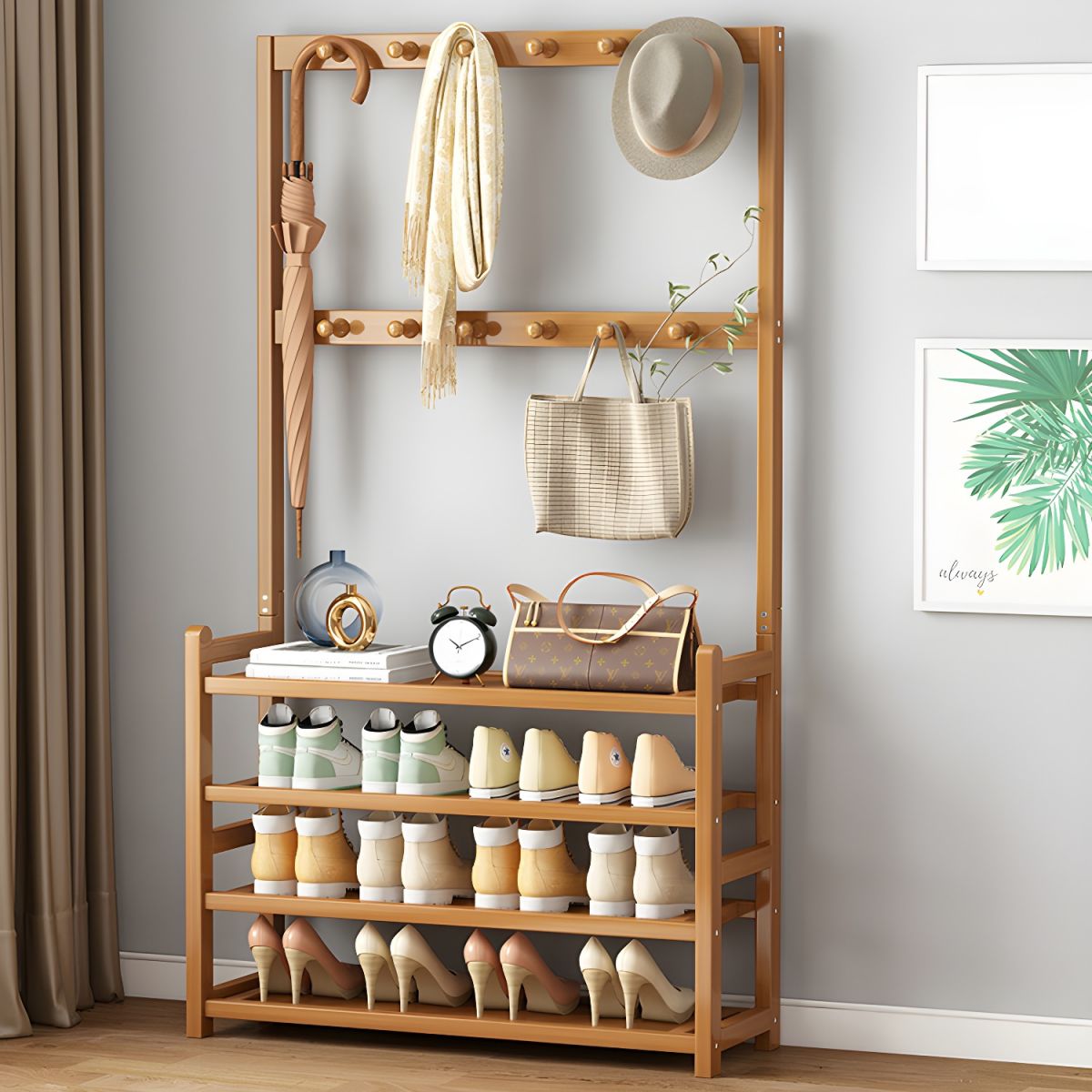 Cuier Haine Bambus cu suport pantofi 5 rafturi, Carlige Multiple, Organizare Hol, Dormitor