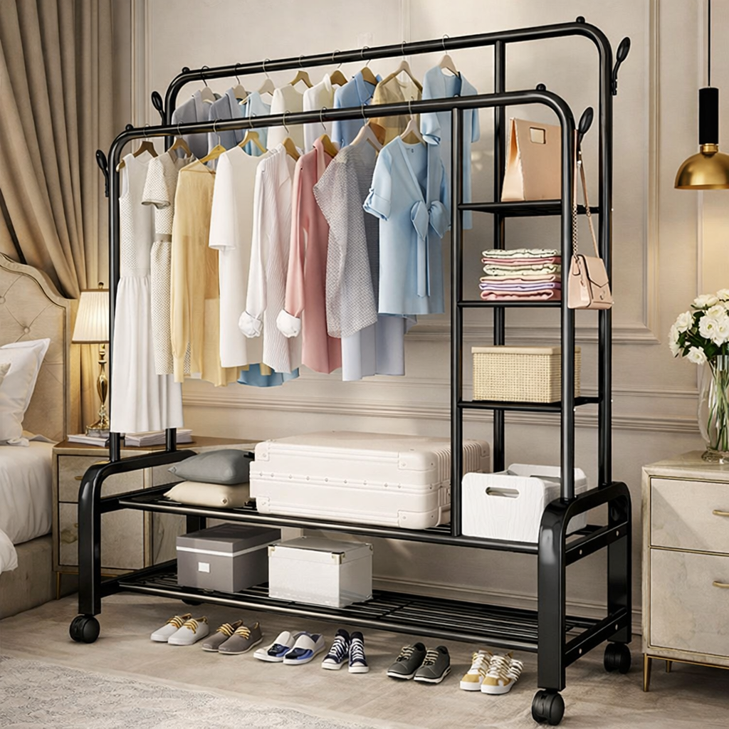 Suport Dublu Umerase Haine Stand Metalic Organizator 162x135cm Negru cu Roti