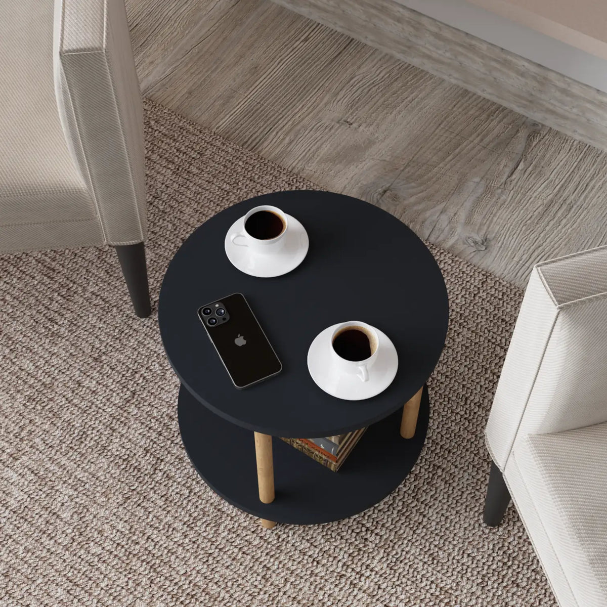 Masuta Cafea Rotunda Lemn Picioare Metalice Design Modern Gri Antracit - detaliu produs