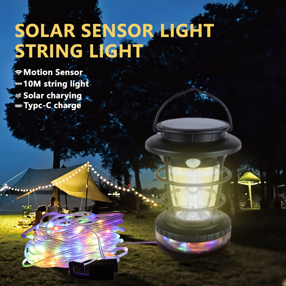 Felinar de gradina cu incarcare solara, senzor de miscare + sir cu lumini led 10M integrat