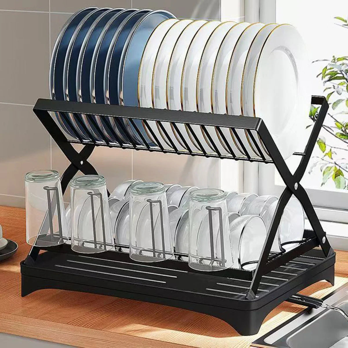 Scurgator vase cu 2 nivele, pliabil, sistem de scurgere, 42 (L) cm x 30 (l) cm x 29.5 (H) cm, negru