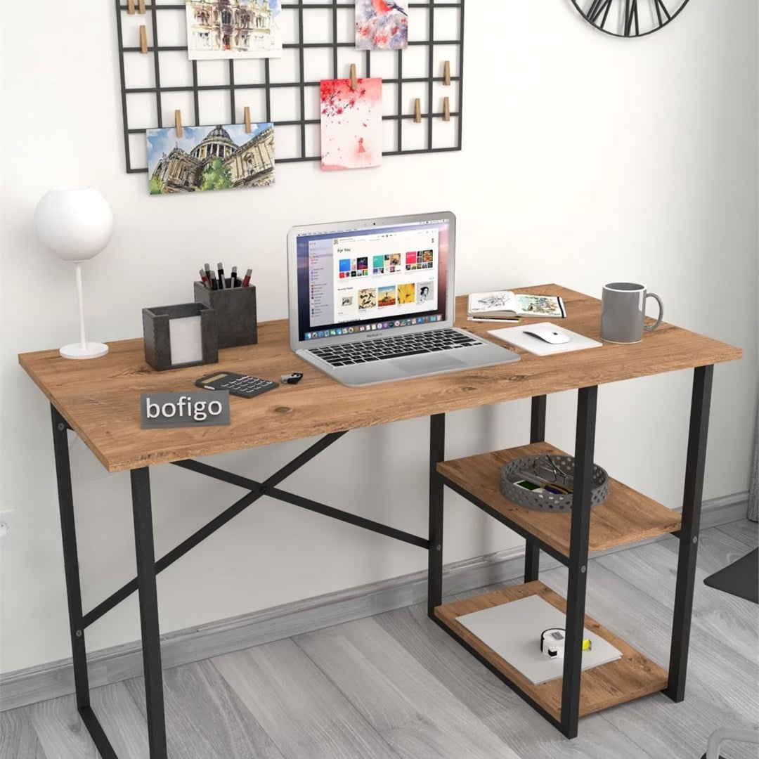 Birou cu 2 rafturi laterale, birou 120 x 60 cm suprafata mare de lucru pentru studiu sau home office, 2 polite pentru dosare carti si accesorii, PAL melaminat 18 mm clasa E1, sustine 40 kg blat, stil modern Pin natur - vedere principala