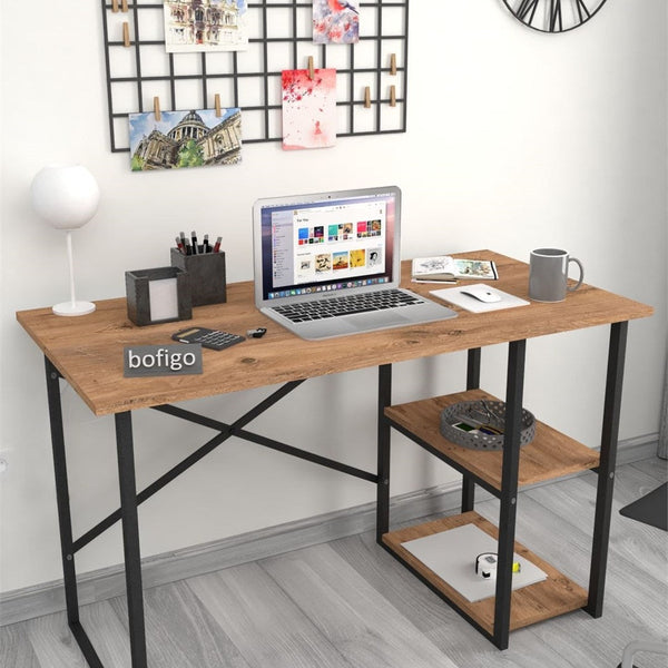Birou cu 2 rafturi laterale, birou 120 x 60 cm suprafata mare de lucru pentru studiu sau home office, 2 polite pentru dosare carti si accesorii, PAL melaminat 18 mm clasa E1, sustine 40 kg blat, stil modern Pin natur - detaliu 9