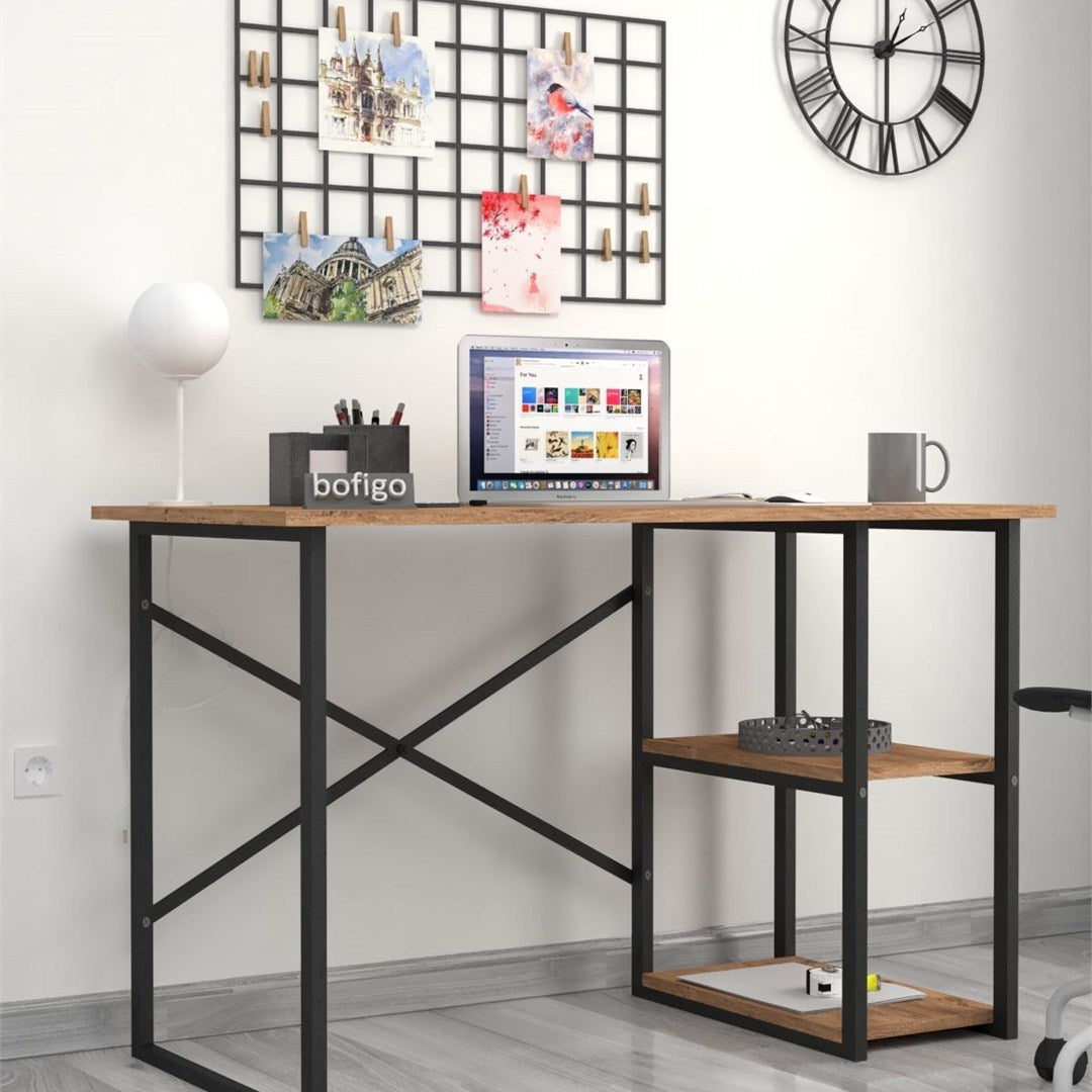 Birou cu 2 rafturi laterale, birou 120 x 60 cm suprafata mare de lucru pentru studiu sau home office, 2 polite pentru dosare carti si accesorii, PAL melaminat 18 mm clasa E1, sustine 40 kg blat, stil modern Pin natur - detaliu 3