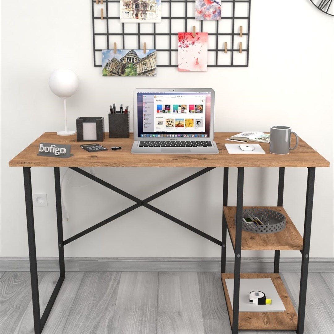 Birou cu 2 rafturi laterale, birou 120 x 60 cm suprafata mare de lucru pentru studiu sau home office, 2 polite pentru dosare carti si accesorii, PAL melaminat 18 mm clasa E1, sustine 40 kg blat, stil modern Pin natur - detaliu 4
