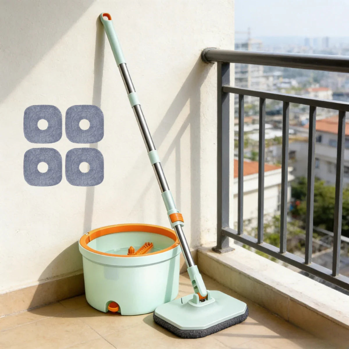 Set mop rotativ 360° cu galeata centrifuga, separare apa curata de apa murdara, sistem evacuare apa, 4 rezerve