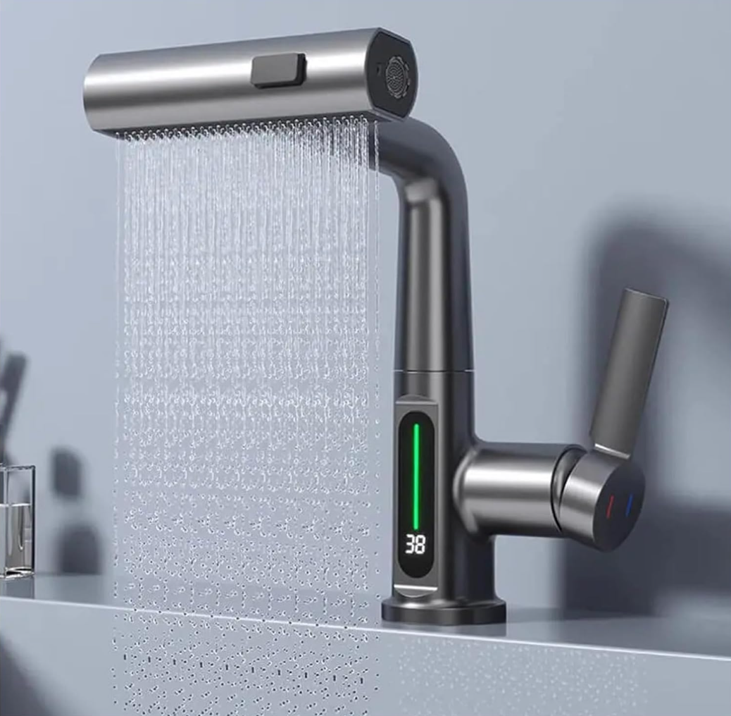 Baterie baie/bucatarie cu display temperatura, curgere tip cascada, jet sau spray, dus extractibil