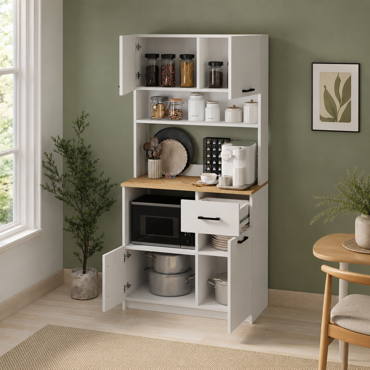 Dulap multifunctional cu 4 usi si sertar, pentru bucatarie, camara sau colt de cafea, 90 x 40 x 183,4 cm