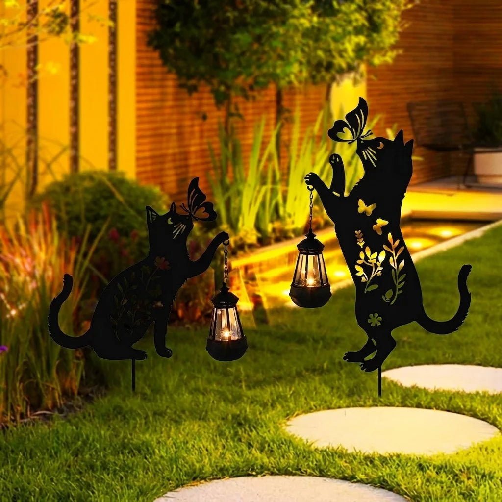 Set 2 Decoratiuni Solare de Gradina Pisica Neagra cu Felinar LED Fluture Metal - detaliu produs