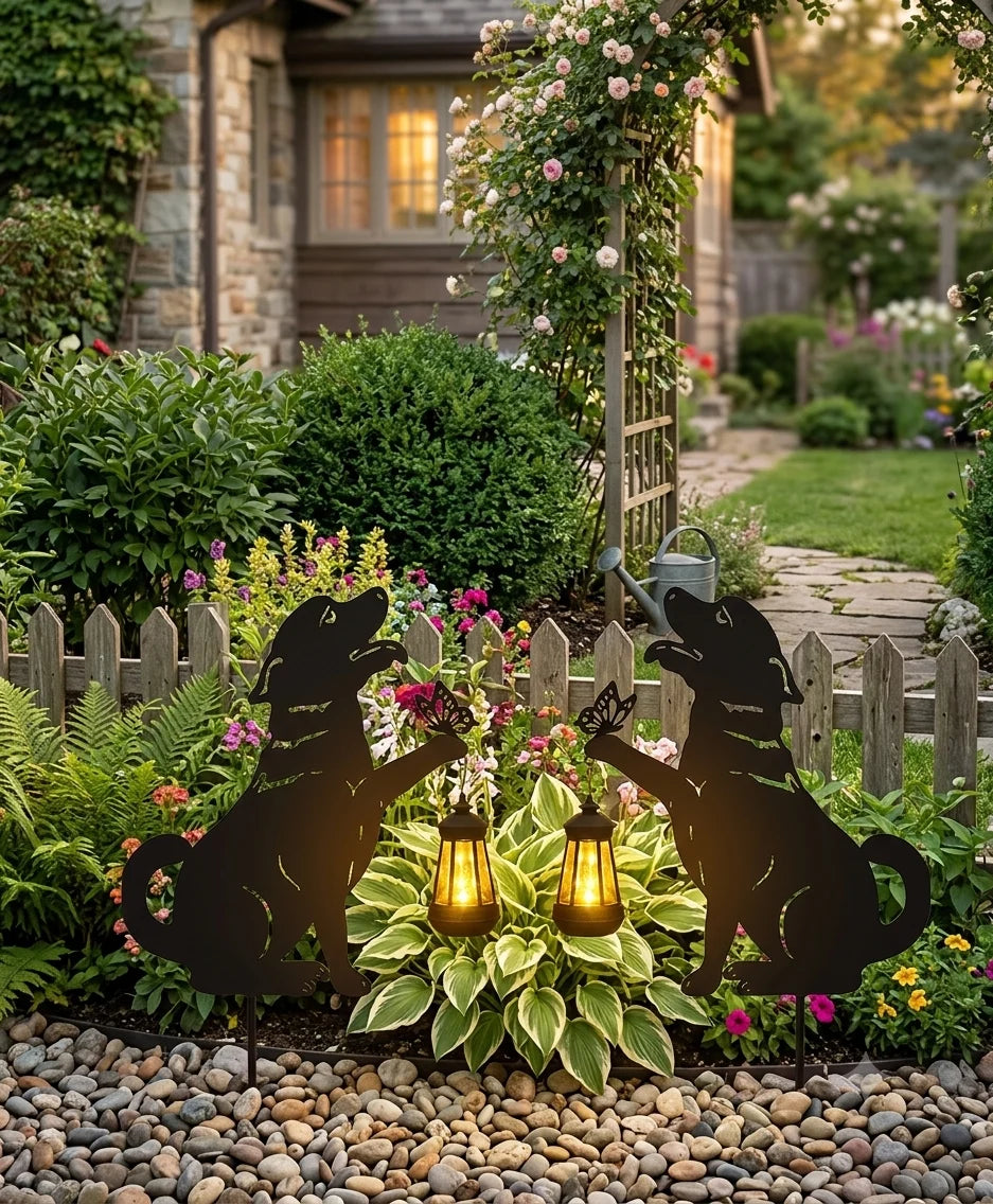 Set 2 Decoratiuni Solare de Gradina Catelus Fluture Felinar LED Metal - detaliu produs