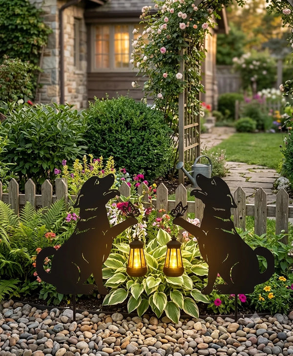 Set 2 Decoratiuni Solare de Gradina Catelus Fluture Felinar LED Metal - detaliu produs