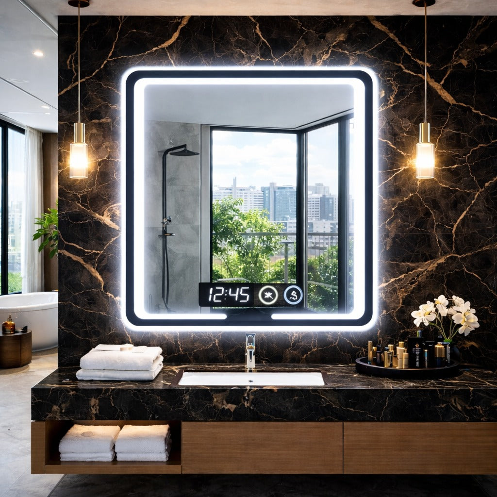 Oglinda led premium 80x60, cu touch, ceas, dezaburire si lumina reglabila