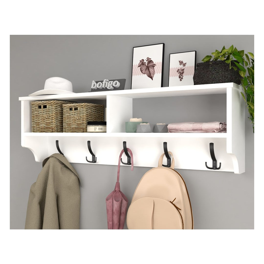 Cuier de perete cu raft 120 cm, cuier hol, 5 carlige metalice rezistente + raft superior pentru caciuli palarii si genti, PAL melaminat 18 mm clasa E1, montaj pe perete, stil modern minimalist scandinav Alb - detaliu 2