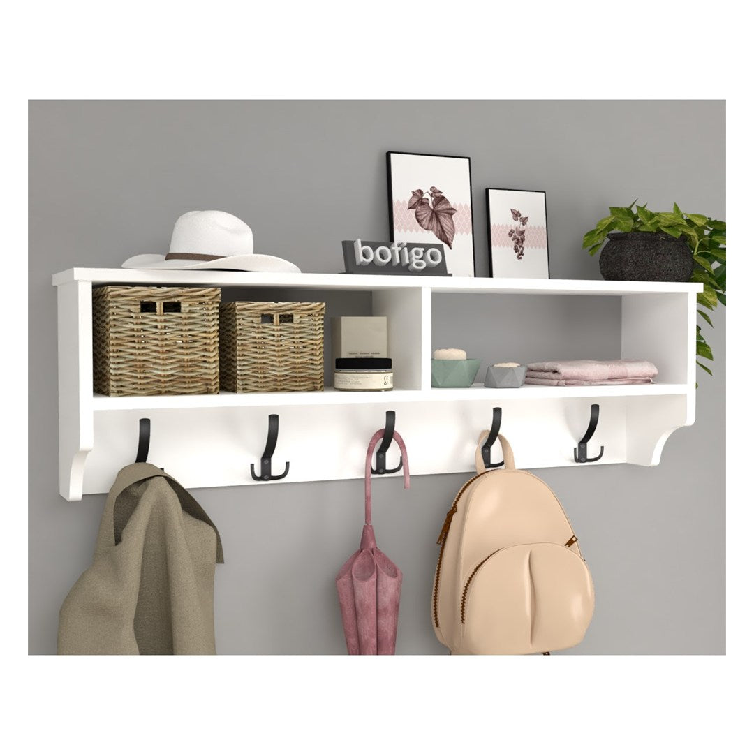 Cuier de perete cu raft 120 cm, cuier hol, 5 carlige metalice rezistente + raft superior pentru caciuli palarii si genti, PAL melaminat 18 mm clasa E1, montaj pe perete, stil modern minimalist scandinav Alb - detaliu 3