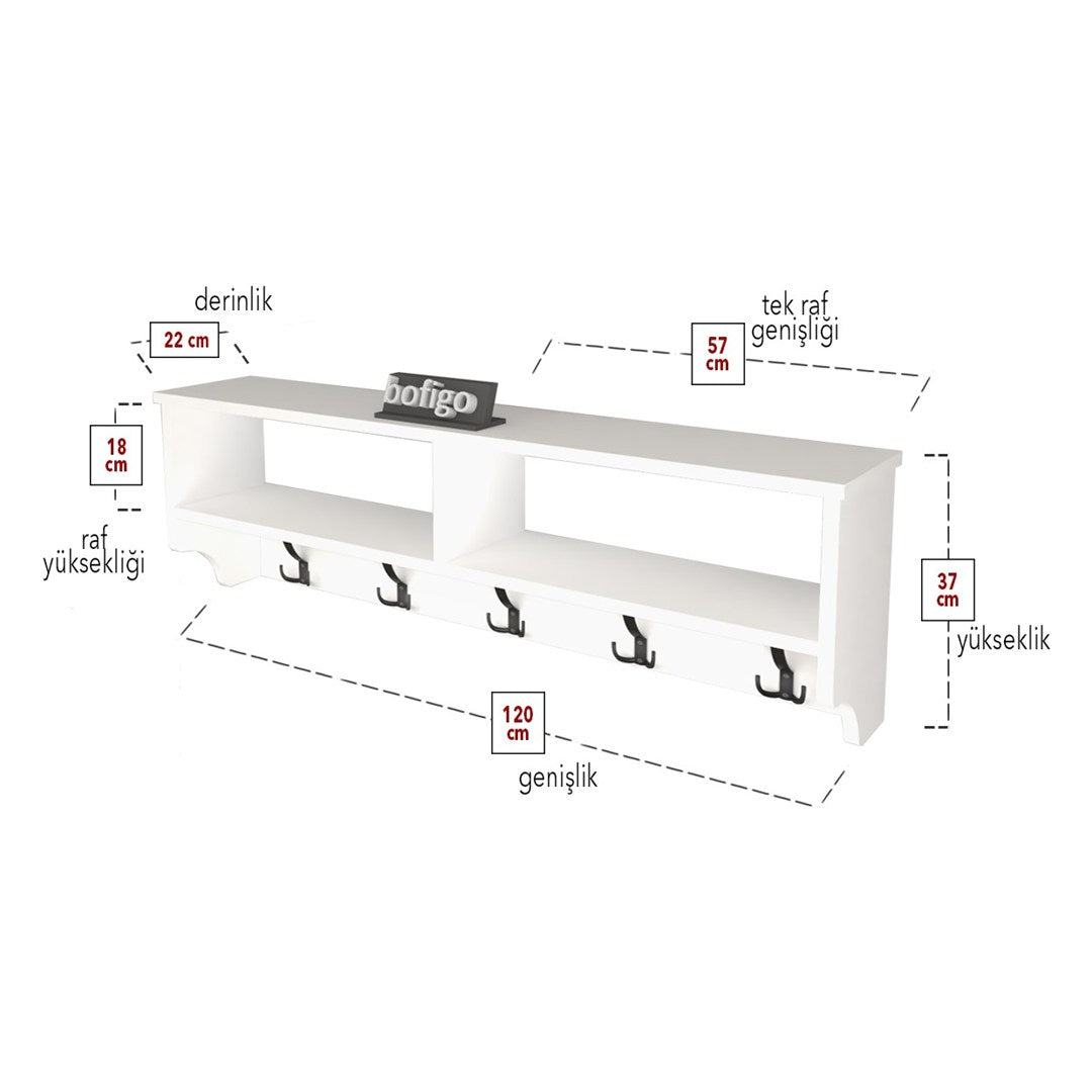 Cuier de perete cu raft 120 cm, cuier hol, 5 carlige metalice rezistente + raft superior pentru caciuli palarii si genti, PAL melaminat 18 mm clasa E1, montaj pe perete, stil modern minimalist scandinav Alb - detaliu 8