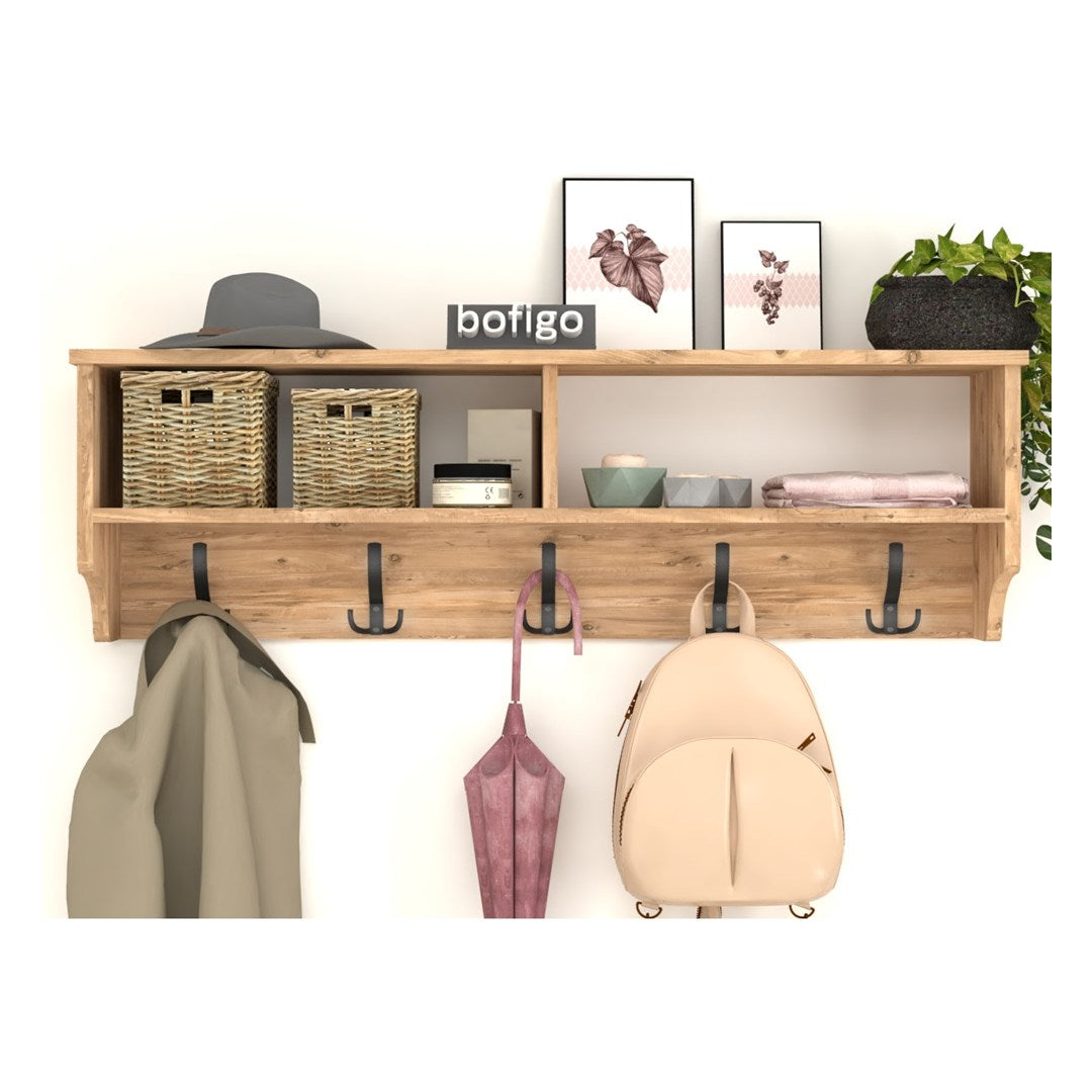 Cuier de perete cu raft 120 cm, cuier hol, 5 carlige metalice rezistente + raft superior pentru caciuli palarii si genti, PAL melaminat 18 mm clasa E1, montaj pe perete, stil modern minimalist scandinav Alb - detaliu 9