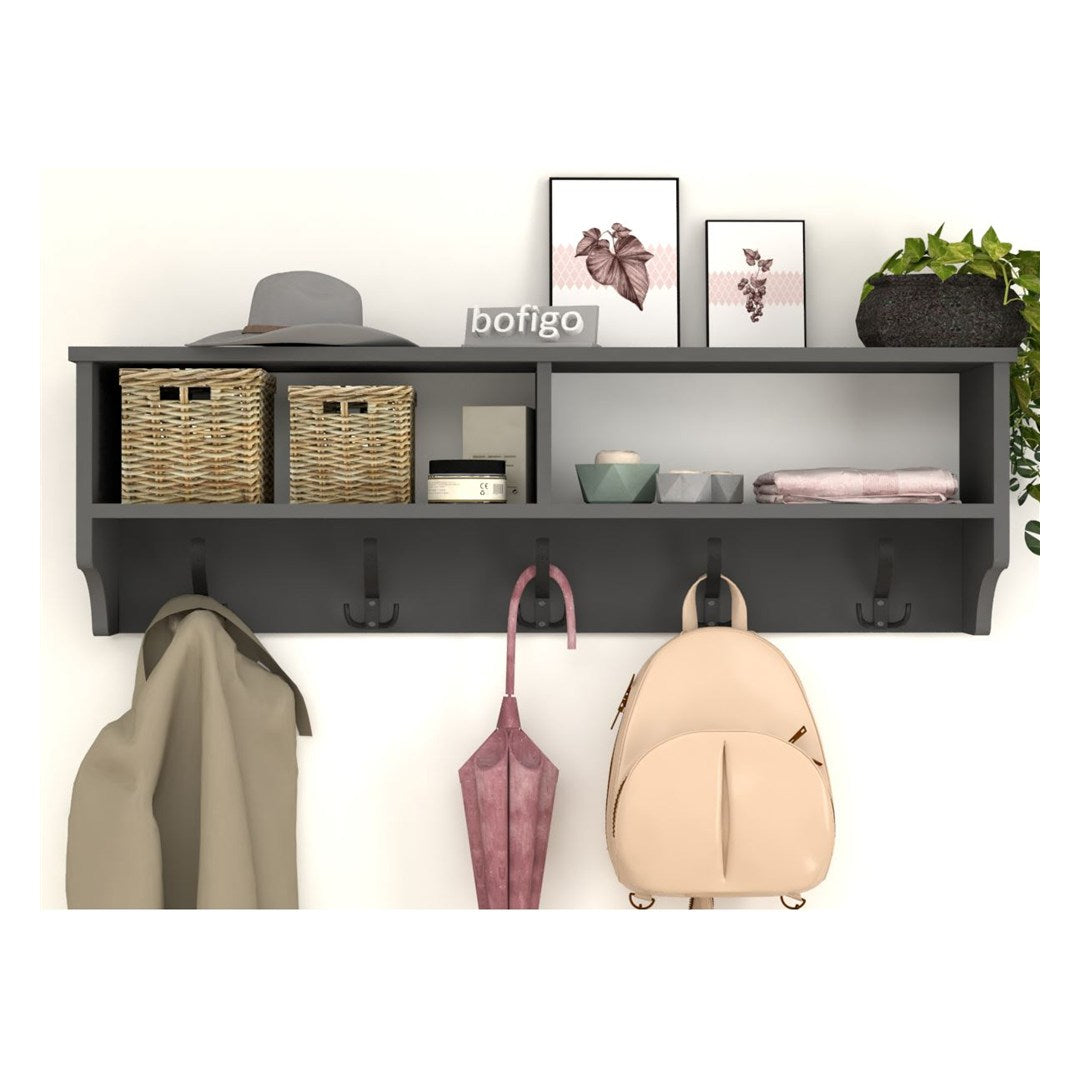 Cuier de perete cu raft 120 cm, cuier hol, 5 carlige metalice rezistente + raft superior pentru caciuli palarii si genti, PAL melaminat 18 mm clasa E1, montaj pe perete, stil modern minimalist scandinav Pin natur - detaliu 10