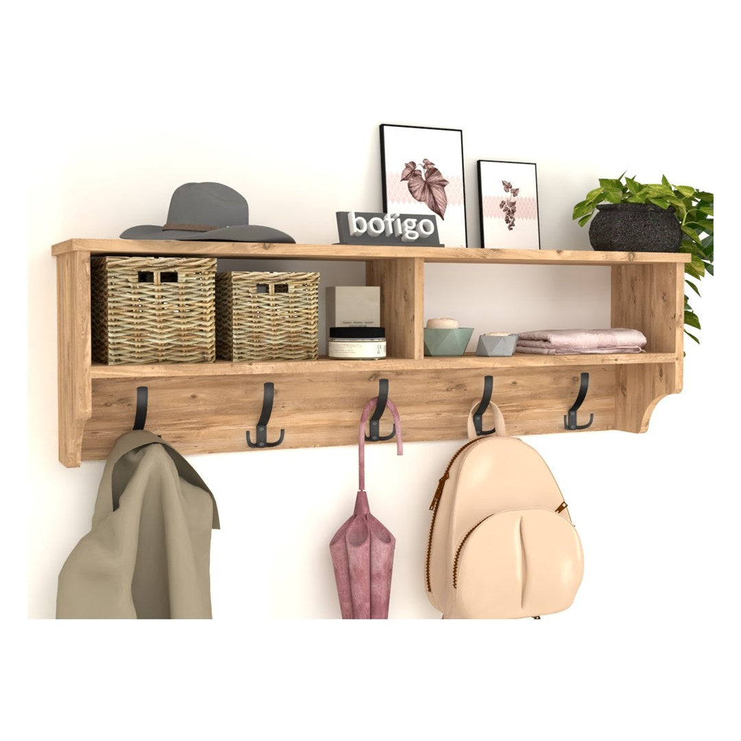 Cuier de perete cu raft 120 cm, cuier hol, 5 carlige metalice rezistente + raft superior pentru caciuli palarii si genti, PAL melaminat 18 mm clasa E1, montaj pe perete, stil modern minimalist scandinav Pin natur - detaliu 3