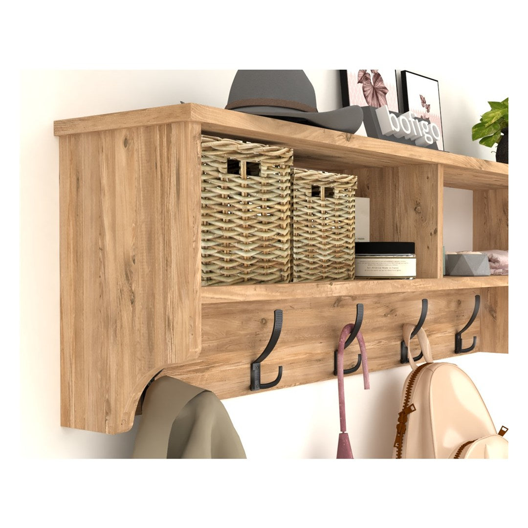 Cuier de perete cu raft 120 cm, cuier hol, 5 carlige metalice rezistente + raft superior pentru caciuli palarii si genti, PAL melaminat 18 mm clasa E1, montaj pe perete, stil modern minimalist scandinav Pin natur - detaliu 4