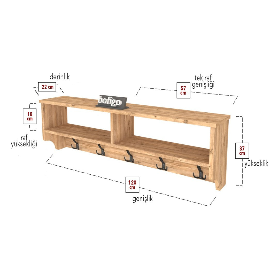 Cuier de perete cu raft 120 cm, cuier hol, 5 carlige metalice rezistente + raft superior pentru caciuli palarii si genti, PAL melaminat 18 mm clasa E1, montaj pe perete, stil modern minimalist scandinav Pin natur - detaliu 6
