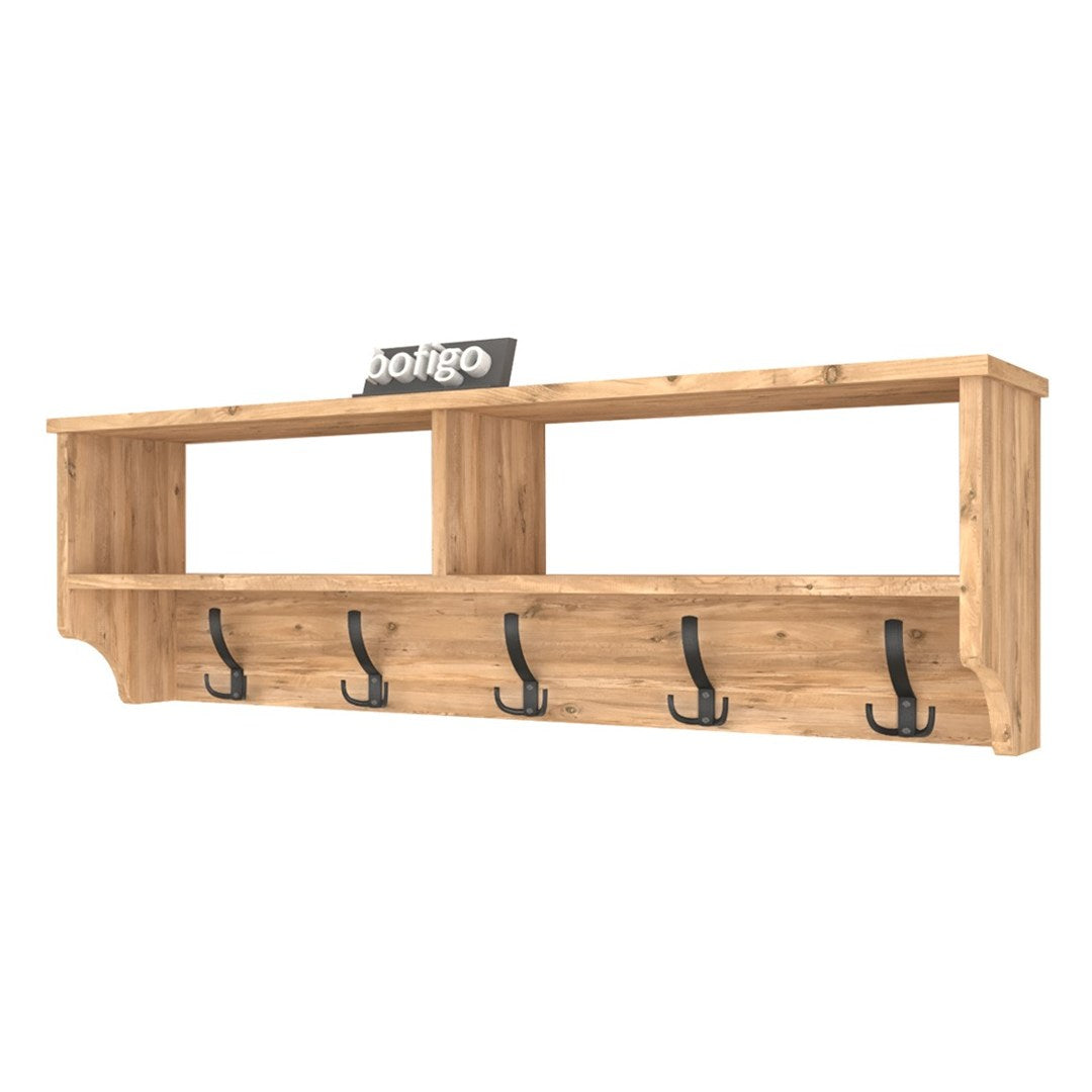 Cuier de perete cu raft 120 cm, cuier hol, 5 carlige metalice rezistente + raft superior pentru caciuli palarii si genti, PAL melaminat 18 mm clasa E1, montaj pe perete, stil modern minimalist scandinav Pin natur - detaliu 8
