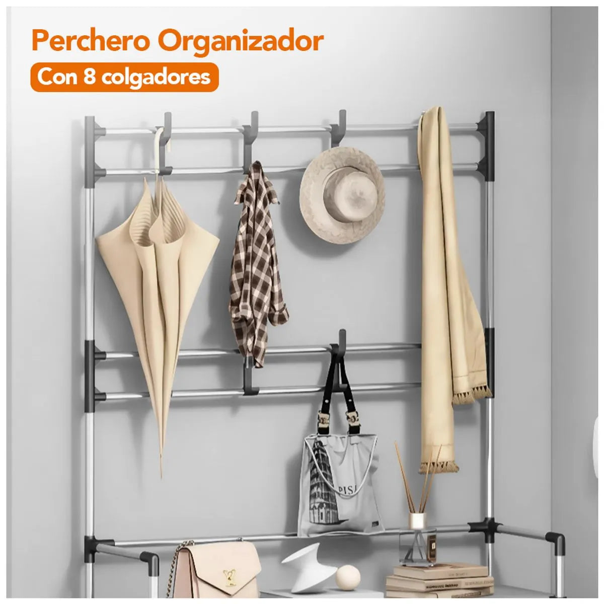 Cuier cu raft pantofi pe 4 niveluri si 8 carlige duble, suport haine si incaltaminte  pentru hol